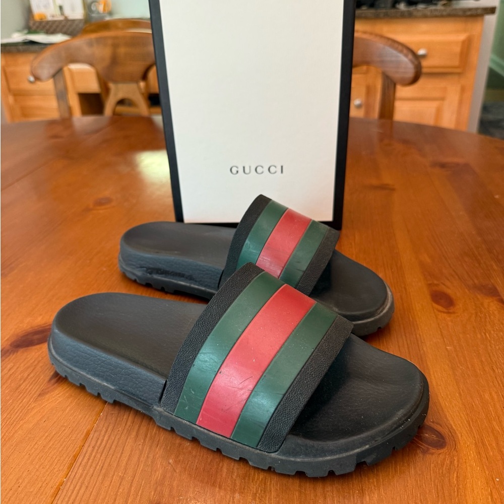 Gucci Black Slides with Red and Green Stripes